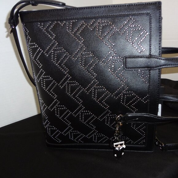 NWT-Karl Lagerfeld Black Handbag with Silver MK Studs on Front of Bag - Picture 5 of 5